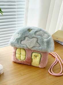 1 Piece Cute Sweet Cartoon House Bag Contrast Color Plush Girl Chest Bag Cartoon Embroidery Decoration Children's Coin Purse Versatile Large Capacity Casual Bag Daily Storage Bag Suitable For Out Play And Holiday Activities Gifts For Daughter For Students Teenagers Girls