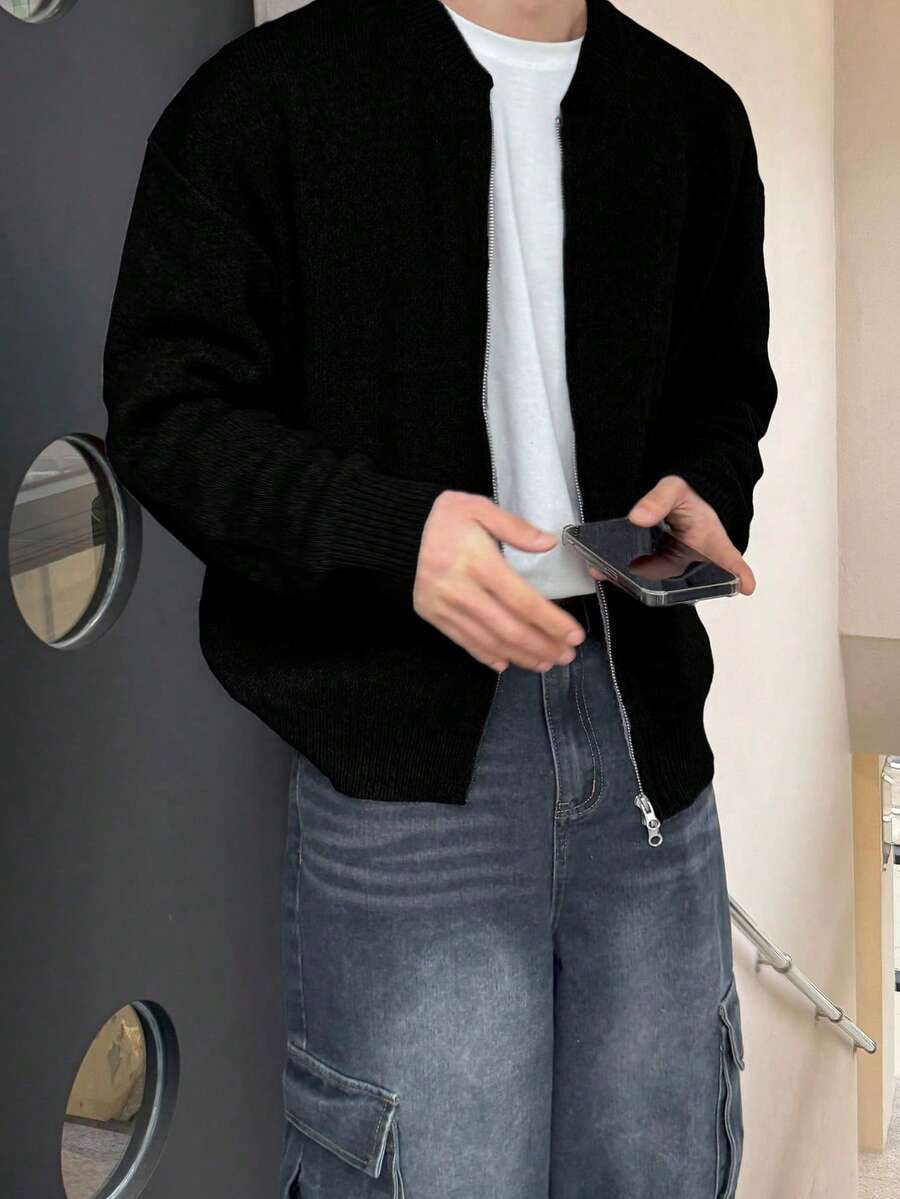 Cardigan tricotat pentru bărbați, simplu, culoare solidă, casual, lejer, cu mânecă lungă și fermoar, toamnă/iarnă - Negru - Vizualizare 1