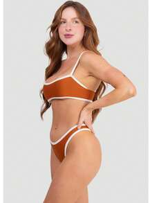 Bravaa Store Women's Two-Tone Ribbed Bikini With Cropped Top And G-String Thong, Lycra 340 Lined - 駝色 - 查看 6