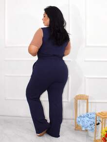 Plus Size Women's Sets Casual Short Sleeve Top And Wide Leg Pants Matching Sweatshirt Simple Casual Elegant Cute Knit Fabric Pocket Women's Set Holiday Office Home Daily Baby Shower Party Formal And Evening Street Summer And Winter - 海軍藍和米色 - 查看 1