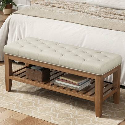 GIKPAL Bedroom Bench, 43" End Of Bed Shoe Bench, Upholstered Entryway Bench Linen Fabric Storage Ottoman Bench With Solid Wood Legs Padded Window Seat For Living Room, Indoor, Hallway, Light Brown