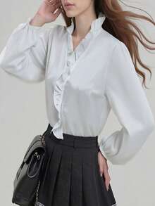 Womens Fall Shirts Lantern Long Sleeve Ruffle V Neck Solid Color Casual Office Blouses - Gading - View 5