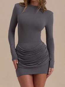 Spring And Summer Casual Fashionable Grey Mini Bodycon Dress For Women, Long Sleeve Round Neck Knit Fabric, Ruffle Hem, Suitable For Party And Retro Style, Mother's Day - Grey - View 13