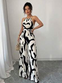 Regalo de San Valentín:tela estampada con cintura ceñida para mujer, elegante para vacaciones y uso diario,Conjunto de 2 piezas para mujer que incluye top ajustado sin espalda con diseño cruzado y pantalones rectos con detalle geométrico calado, tela estampada con cintura ceñida para mujer, elegante para vacaciones y uso diario,Conjunto de 2 piezas para mujer que incluye top ajustado sin espalda con diseño cruzado y pantalones rectos con detalle geométrico calado - Blanco - Ver 5