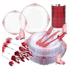 Red Plastic Plates Disposable Set - 175pc Party Dinnerware, 10.25" Dinner & 7.5" Dessert, Silverware, Cups - Wedding & Party Supplies - 如圖/A - 查看 8