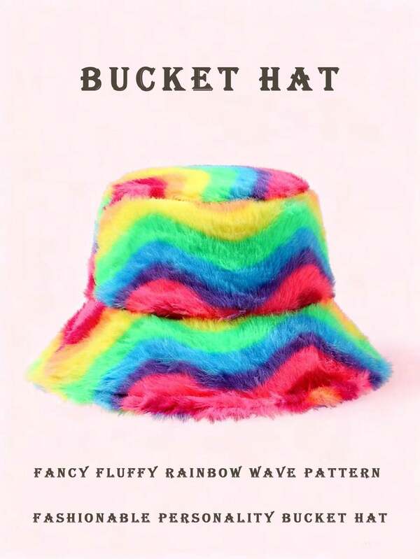 1pc Rainbow Striped Casual Plush Decor Bucket Hat, Wavy Colorful Fashion Versatile, Suitable For Spring, Summer, Autumn, Winter