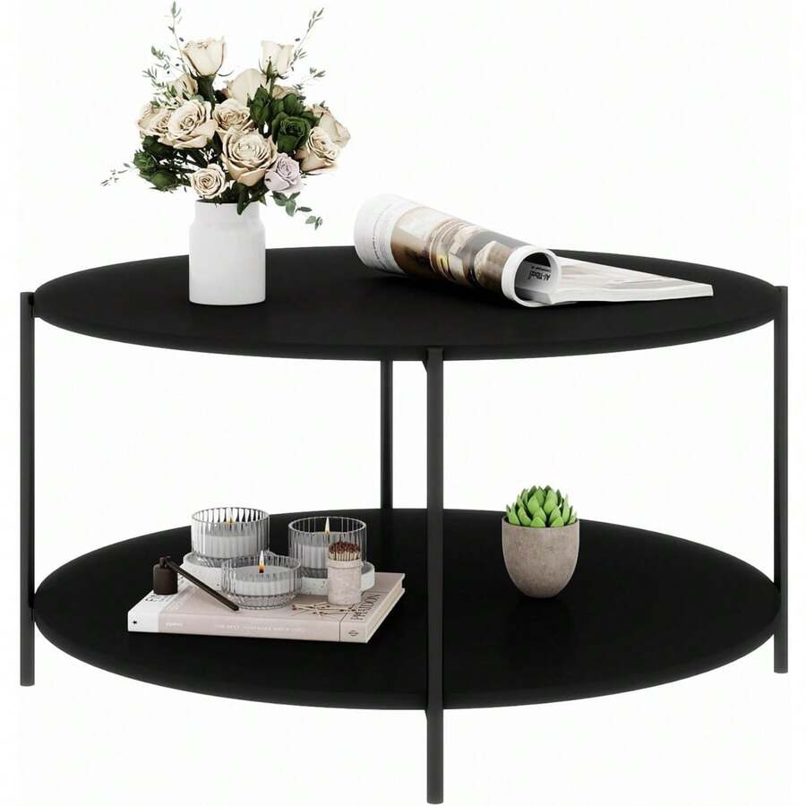 Round Coffee Table For Living Room, 2-Tier Wood Center Table With Storage Shelf, Small Coffee Table For Bedroom Apartment, Black - Black - View 1
