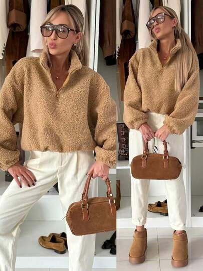 Women's Solid Color Polyester Fleece Zip-Up Stand Collar Half-Zip Long Sleeve Cropped Sweatshirt, Casual For School, Travel, Autumn/Winter, Thick & Warm