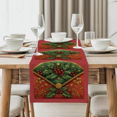 1/4/10 pezzi Set di runner da tavola e tovagliette a forma di ventaglio con decorazioni natalizie a tema frutta, decorazioni per tavola festiva in tessuto, adatte per celebrazioni indoor e all'aperto, forniture per feste stagionali, decorazioni per tavolo da cucina e da pranzo, decorazioni per tavoli di ristoranti, bandiere per tavoli di casa
