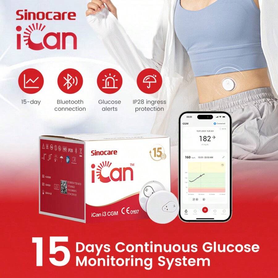 Sinocare 15-Day Continuous Glucose Monitoring System,1PC ICan CGM - Red - View 1