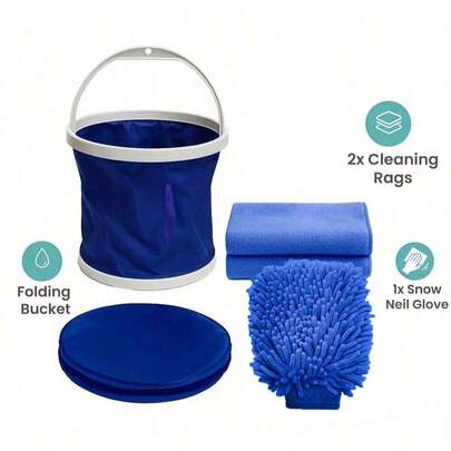 5PCS Portable Car Wash Kit With Bucket - 13L Collapsible Bucket, Chenille Mitt & 2 Towels, All-In-One Auto, RV, Outdoor & Home Cleaning Kit