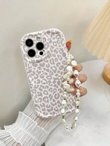 Cream Wavy Edged Glossy Leopard Print Painted Anti-Drop Phone Case With Handmade Beaded Bracelet Accessory - Multicolor - View 4