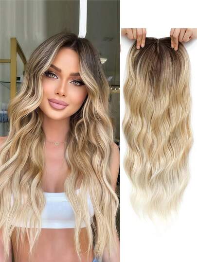 Hair Toppers For Women 18inch Wavy Hair Toppers For Women Toppers Hair Pieces For Women With Thinning Hair Ombre Highlight Synthetic Wig Clip In Hair Topper Wiglets With Fringe Bang Add Hair Volume