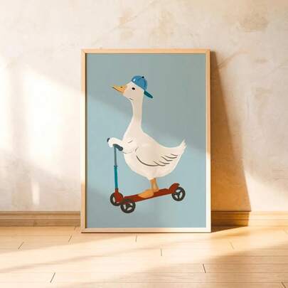 1Pc, Wall Art, Vintage Poster, Goose Duck Riding Scooter Art Print, Cute Bird Animal Canvas Painting, Unique And Creative Wall Aesthetic Decor, Perfect Decoration For Living Room And Bedroom, Frameless