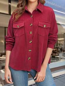 Women Corduroy Shirt Jacket Casual Solid Long Sleeve Button-Up Fall Coat With Pockets - Red - View 6