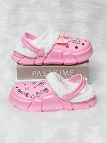 Warme Winterpantoffeln für Mädchen, Plüsch Gartenschuhe für Teenager (Größe 30-37), bequeme Fellinnenfutter rutschfeste Hausschuhe für Kinder mit personalisierten Schuhzubehör - Pink - Übersicht 3