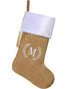 Medias de Navidad con monograma inicial de 19.5 pulgadas, con bordado de terciopelo dorado y blanco, con decoración de borlas, decoración de fiesta de Navidad (letra blanca T) - Dorado - Ver 4