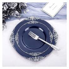 Blue & Silver Plastic Plates Disposable - 175pc Party Set For 25 Guests - As Picture/F - View 4