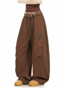 复古宽松褶裥豹纹拼接喇叭爵士舞休闲裤，女士春季款 - 棕色 - 查看 6