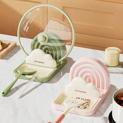 Suction Cup Pot Lid Holder, Kitchen Organizer Rack, Tabletop Scraper Holder, Countertop Pot Lid Holder, Draining Rack, Pot Lid Holder, Rainbow-Shaped Suction Cup Pot Lid Holder With Draining Tray | Detachable Design, Made Of Plastic, Embedded Installation, Easy To Organize In The Kitchen, Cute Decor, Adds A Warm Atmosphere.