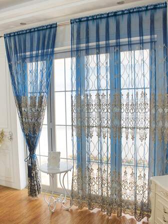 1 pieza Cortina transparente bordada en azul, diseño de bordado simétrico, estilo europeo elegante, adecuada para decoración de sala de estar, dormitorio, ventana y puerta