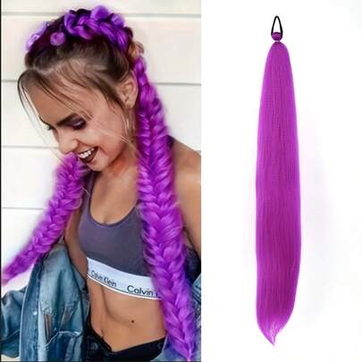 Peluca sintética de 26 pulgadas con extensión de cola de caballo morada con lazo elástico, recta y lisa, trenza envolvente, peluca resistente al calor