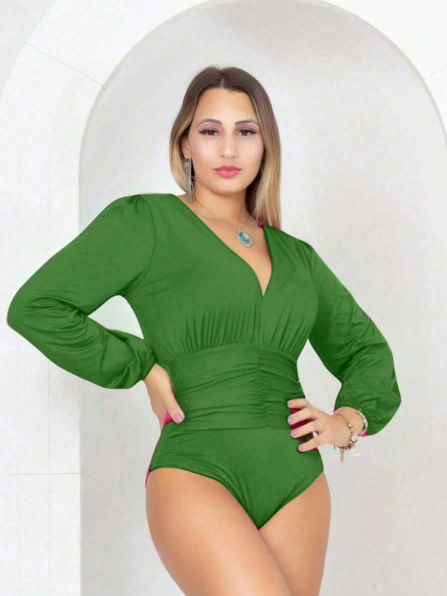 Body Manga longa Bufante Fresquinho Elegante - Verde Bandeira - Visão 1