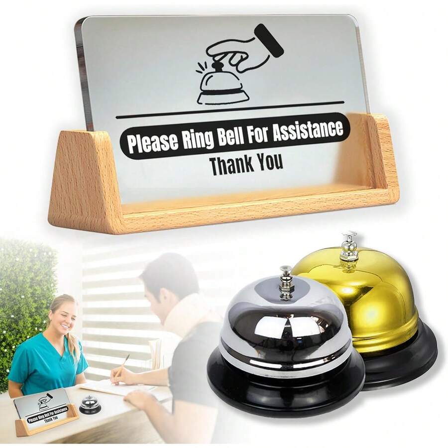 Desk Call Bell /2pcs Service Bells (Gold And Silver)/With Please Ring Bell For Assistance Sign/Suitable For Front Desk Retion In Shops, Offices, Warehouses, And Small Hospitals.