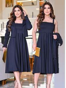 Midi Flared Dress + Blazer Set Elegant Executive Evangelical Fashion - màu đen - Xem 9