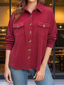 Women Corduroy Shirt Jacket Casual Solid Long Sleeve Button-Up Fall Coat With Pockets - Red - View 5