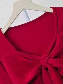 女士红色领结长袖 T 恤，紧身 V 领汗衫，秋冬 - 紅色 - 查看 11