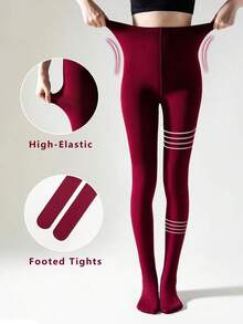 1 Pair Women's Wine Red Fleece Tights, Elastic Fitted Thin Fleecy Leggings For Autumn And Spring - 巧克力棕 - 查看 2