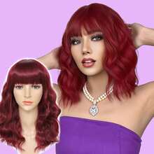 ESSVIGANT Halloween Christmas Burgundy Wavy Wigs With Bangs Short Bob Wavy Wigs For Women Curly Synthetic Cosplay Red Wig For Girls Daily Use Colorful Wig 14 Inch - 紅色 - 查看 7