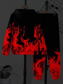 2pcs/Set Boys Casual Street Style Flame Print Hoodie And Pants, Comfortable Daily Outfit, Spring/Autumn New Arrival