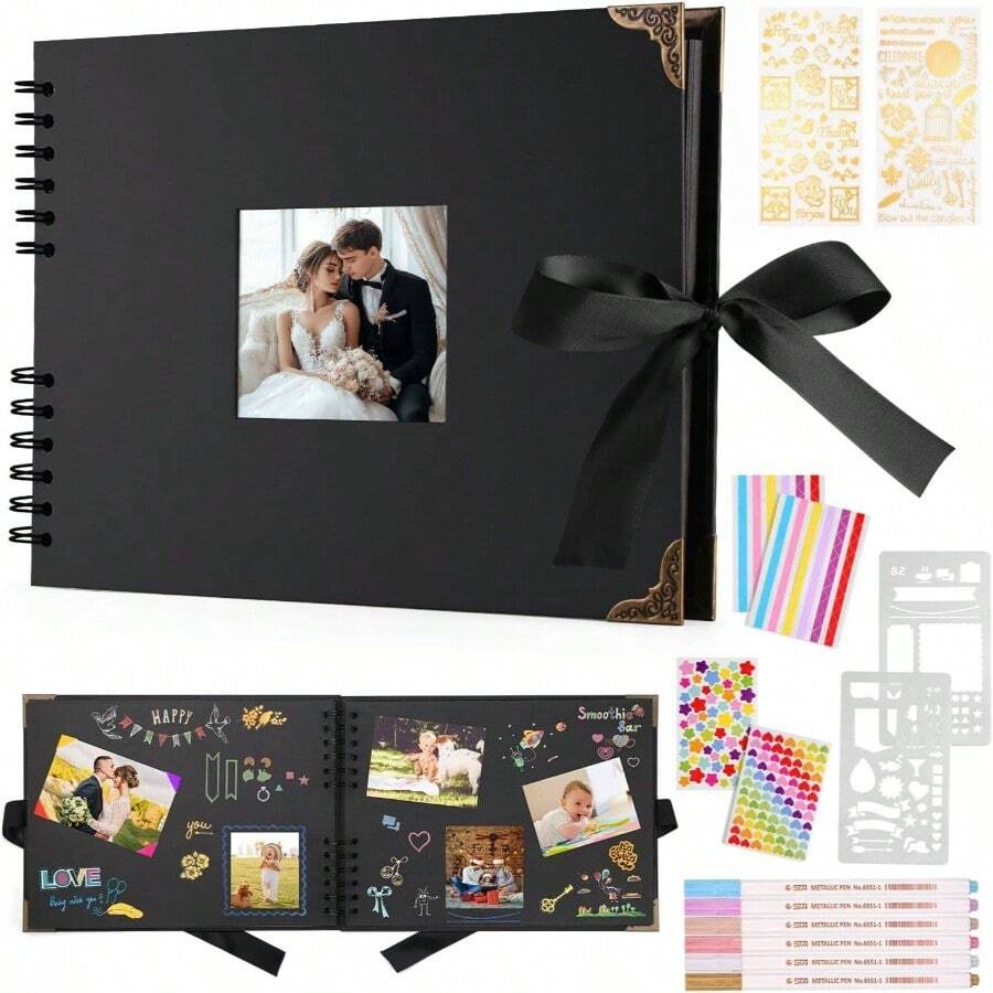 Scrapbook Photo Album 29.5 X 21 Couples Scrapbook With 60 Pages, 160 Pictures, Includes 6 Metallic Colour Markers, 6 Stickers And 2 Templates, Birthday And Wedding Black