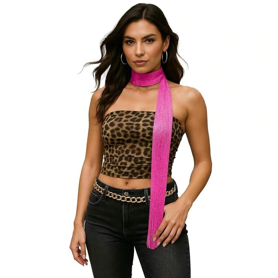 Y2K Sequined Colorful Skinny Scarf For Women – Lightweight Rave Neck Scarf, Festival Head Wrap Or Belt Accessory{"Color_name":"Pink"} - 多色1 - 查看 1