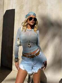 Tulle Bust Long Sleeve Pastel Colors Candy Color Color Block Polyester Sheer Blouse Holiday Dating Summer - Màu xanh nhạt - Xem 2