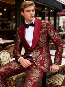 Men's Jacquard Slim-Fitting Two-Piece Suit, Shawl Lapel Evening Dress, Wedding Ball Gown Set - Burgundy - View 3