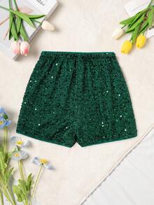 青少年女孩休闲亮片短裤（AZ221） - 綠色 - 查看 2