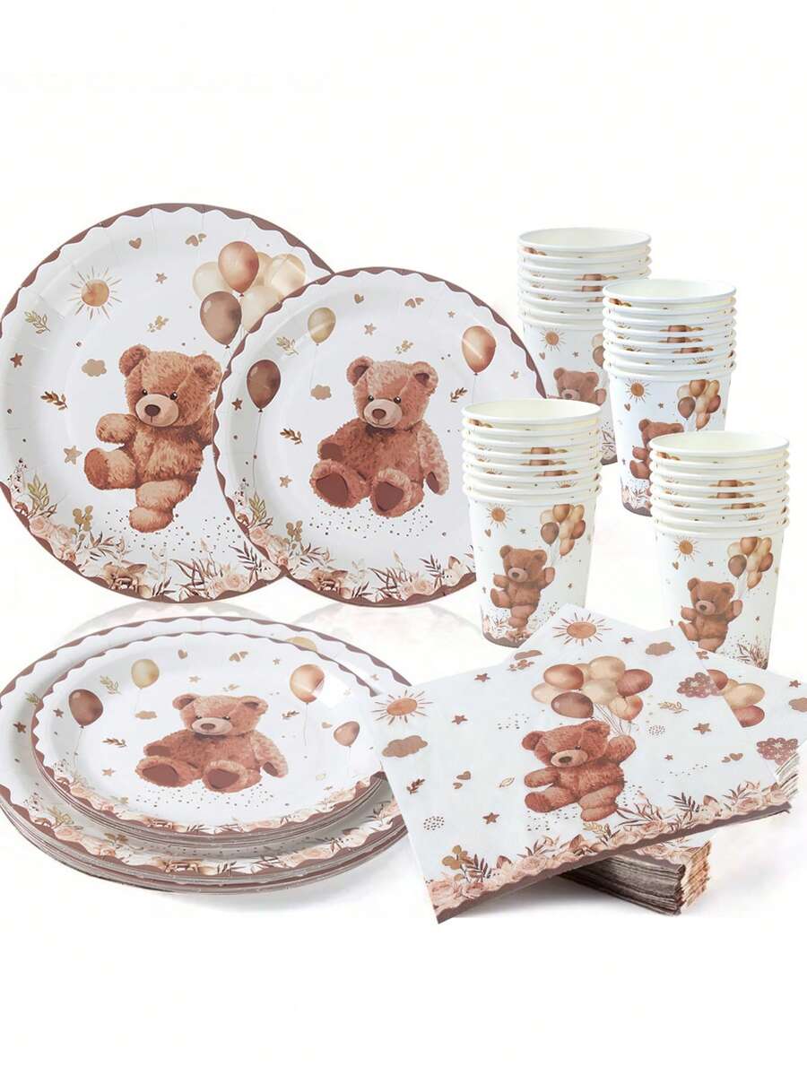Brown Bear Themed Disposable Tableware Set, Including Paper Plates, Napkins, Cups, Suitable For Baby Shower, Gender Reveal, 1st Birthday Party Decoration