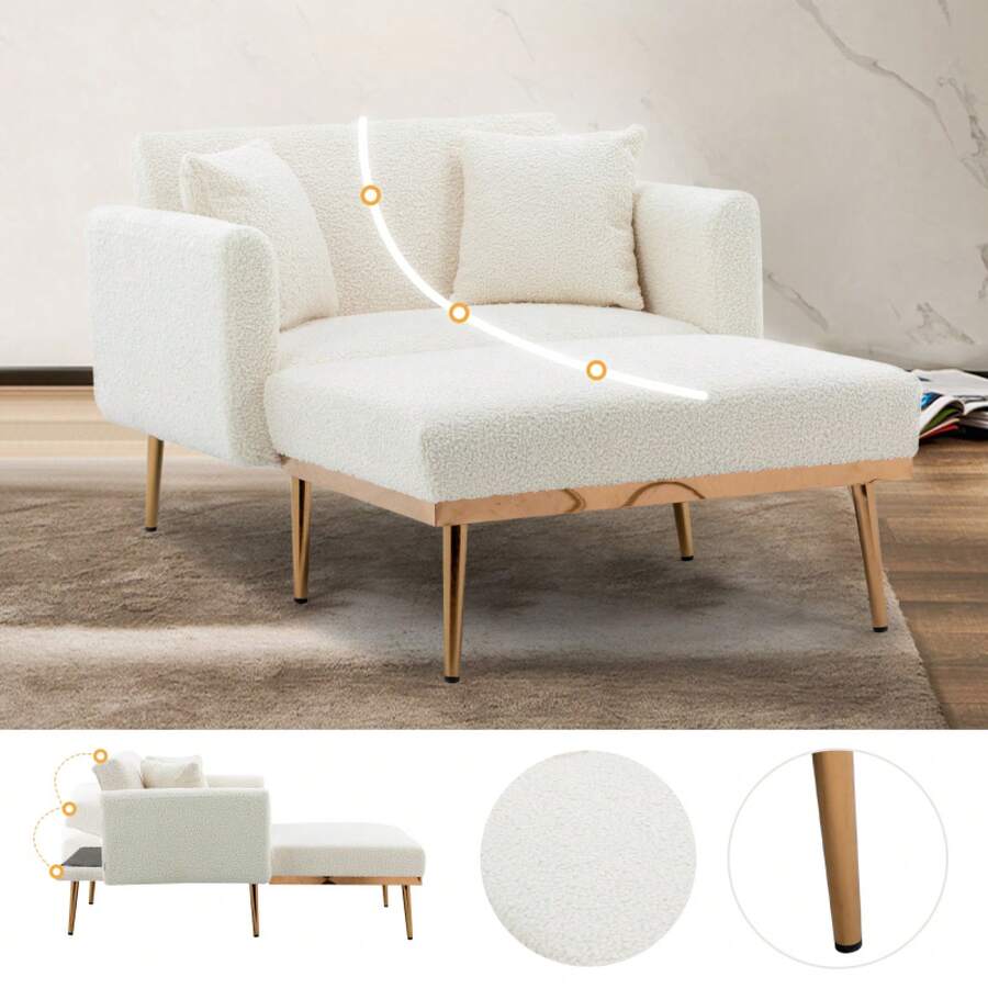 Modern Style Armchair, Recliner Chair With Adjustable Backrest, Folding Sofa Chair, Suitable For Living Room, Bedroom, Study Room (Beige) - White Teddy + Teddy + Foam - View 1