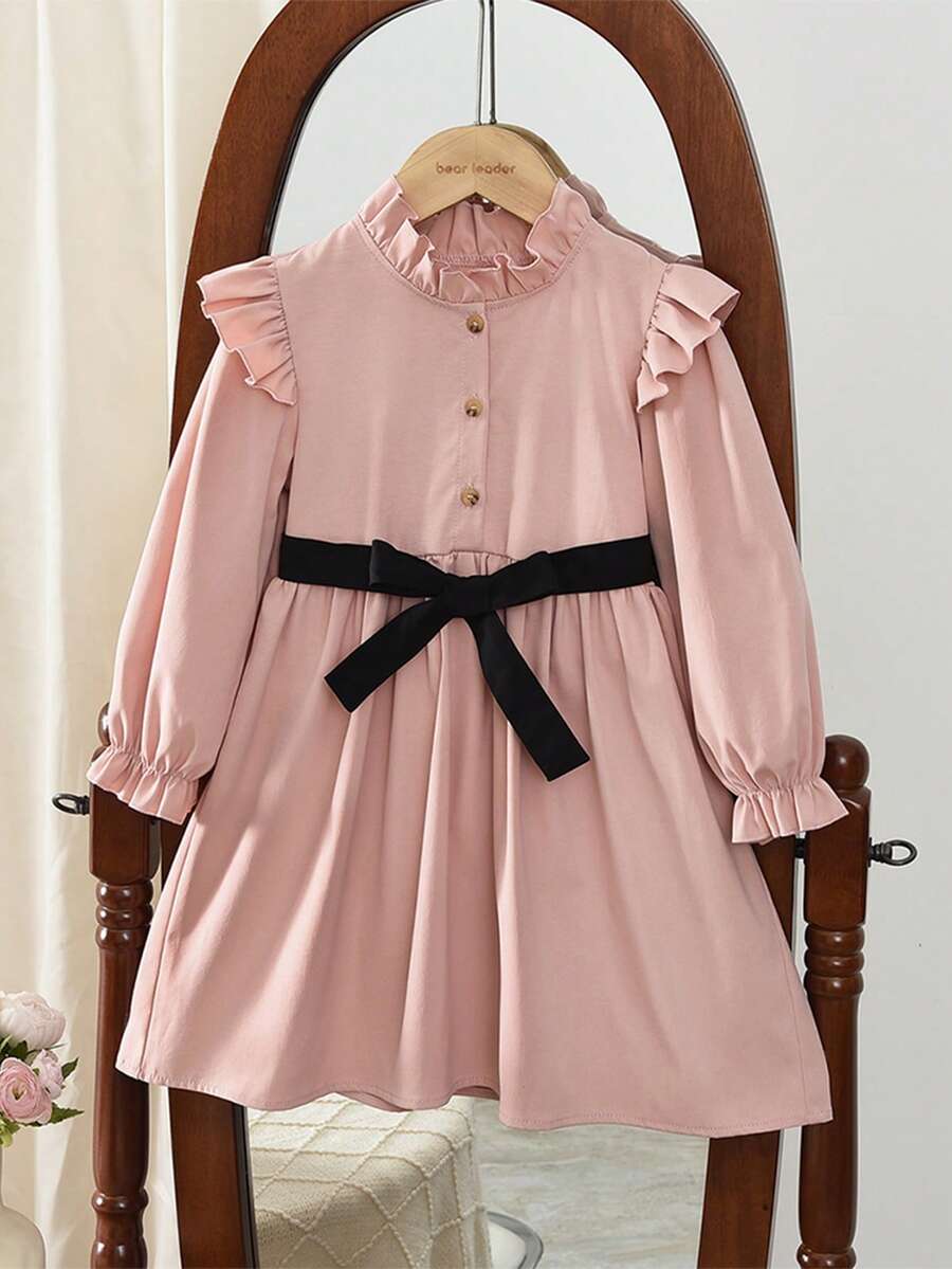 女童米色荷叶边领长袖系带连衣裙,春秋季 - 粉色 - 查看 1