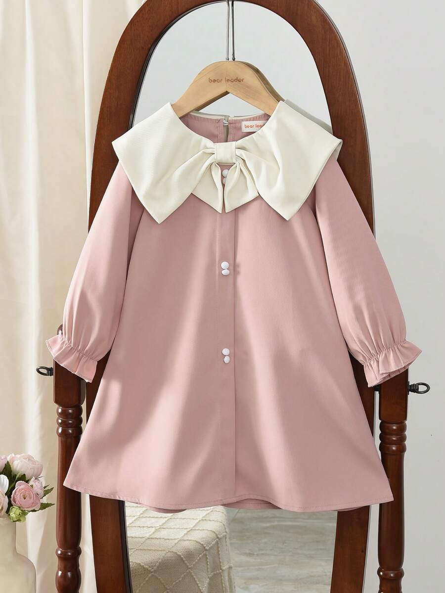 小女孩拼色翻领长袖连衣裙，甜美可爱风格，适合秋春季穿着 - 粉色 - 查看 1