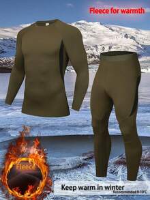 Men Winter Gym Outdoor Mountain Climbing Hiking Hunting Skiing Fleece Warm Long Sleeve Sports T-Shirt Sports Pants Set