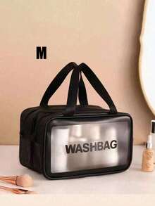 1 pièce Sac de toilette noir en PU à séparation sèche et humide, transparent et imperméable, à double couche, grande capacité, multifonction, sac de rangement pour le maquillage, sac de sport et de natation portable pour hommes et femmes