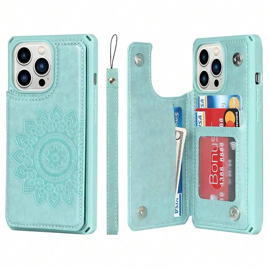 For IPhone 13 Pro Max Phone Case With Card Holder, Case Wallet With Credit Card Holders For IPhone13ProMax,Embossed PU Leather Card Slots Cases [Kickstand] Shockproof Cover For Women Men-Green{"Color_name":"C-Green"} - 多色11 - 查看 1