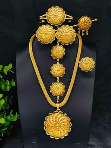 Bộ trang sức mạ vàng 6 món gồm mặt dây chuyền, bông tai, vòng tay, nhẫn và kẹp tóc, phù hợp cho cô dâu châu Âu, Trung Đông, Dubai, dùng trong đám cưới, tiệc tùng, Ngày của Mẹ, Giáng sinh, sinh nhật, hẹn hò, quà tặng ngày lễ và đeo hàng ngày. - Vàng - Xem 1