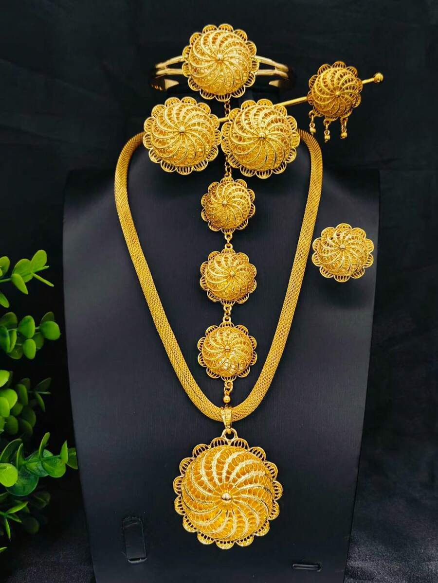 Bộ trang sức mạ vàng 6 món gồm mặt dây chuyền, bông tai, vòng tay, nhẫn và kẹp tóc, phù hợp cho cô dâu châu Âu, Trung Đông, Dubai, dùng trong đám cưới, tiệc tùng, Ngày của Mẹ, Giáng sinh, sinh nhật, hẹn hò, quà tặng ngày lễ và đeo hàng ngày. - Vàng - Xem 1