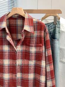 女式拉绒法兰绒衬衫夹克，复古格子纽扣上衣，带 Polo 领和口袋，舒适的办公室和休闲衬衫，适合秋冬春季 - 紅色格子 - 查看 7