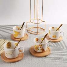 4pcs/Set Ceramic Coffee Cup Set With 4 Cups, 4 Saucers, 4 Spoons And Metal Holder, 250ml Capacity, Suitable For Coffee, Tea, Milk, Cappuccino, Iced Tea, Breakfast Cups, Mugs, Great Gift For Garden, Restaurant, Cafe, Home And Office, Family, Friends And Lovers, Ideal For Thanksgiving, Halloween, Christmas, Valentine's Day, New Year